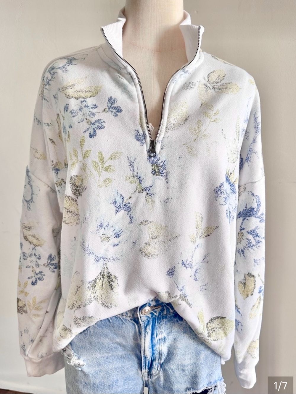 Aerie Light Pink Floral Half Zip Sweatshirt Pullover Cozy Oversized S